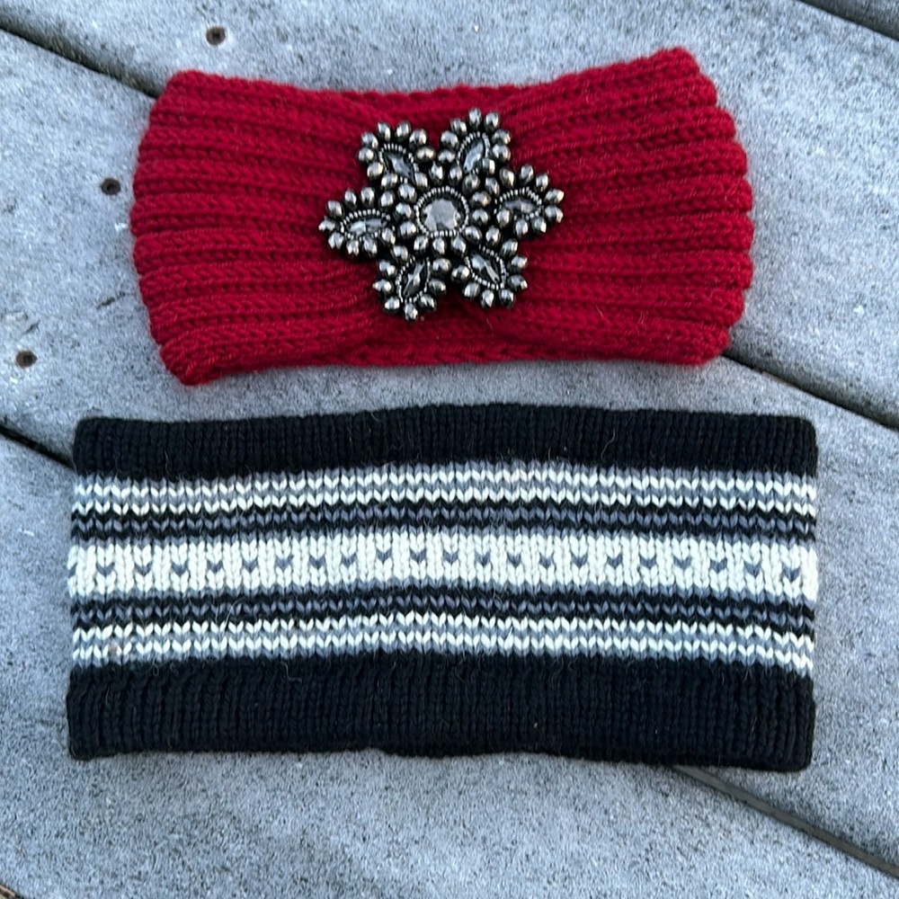 2 knit sweater headbands red and black